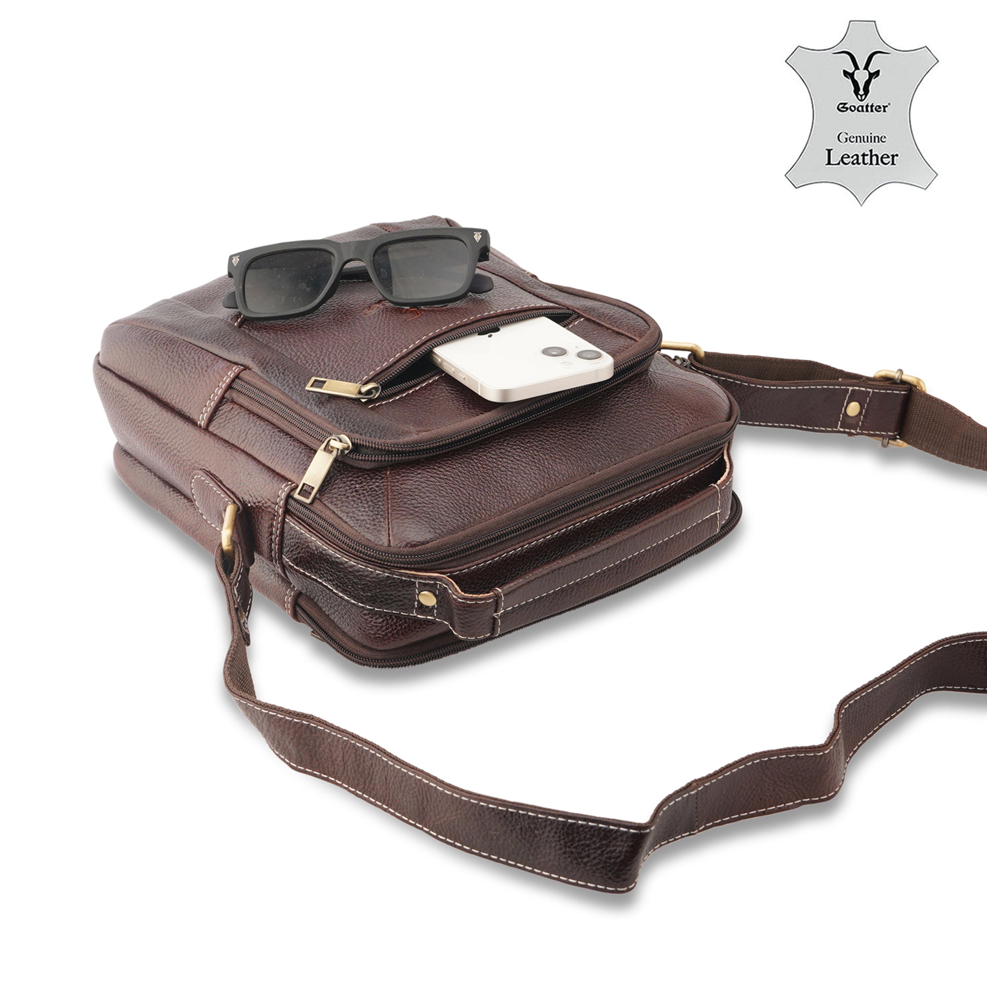 Goatter Genuine Leather 11”Inch Multi Compartment And Multi Pocket Men's Messenger Bags