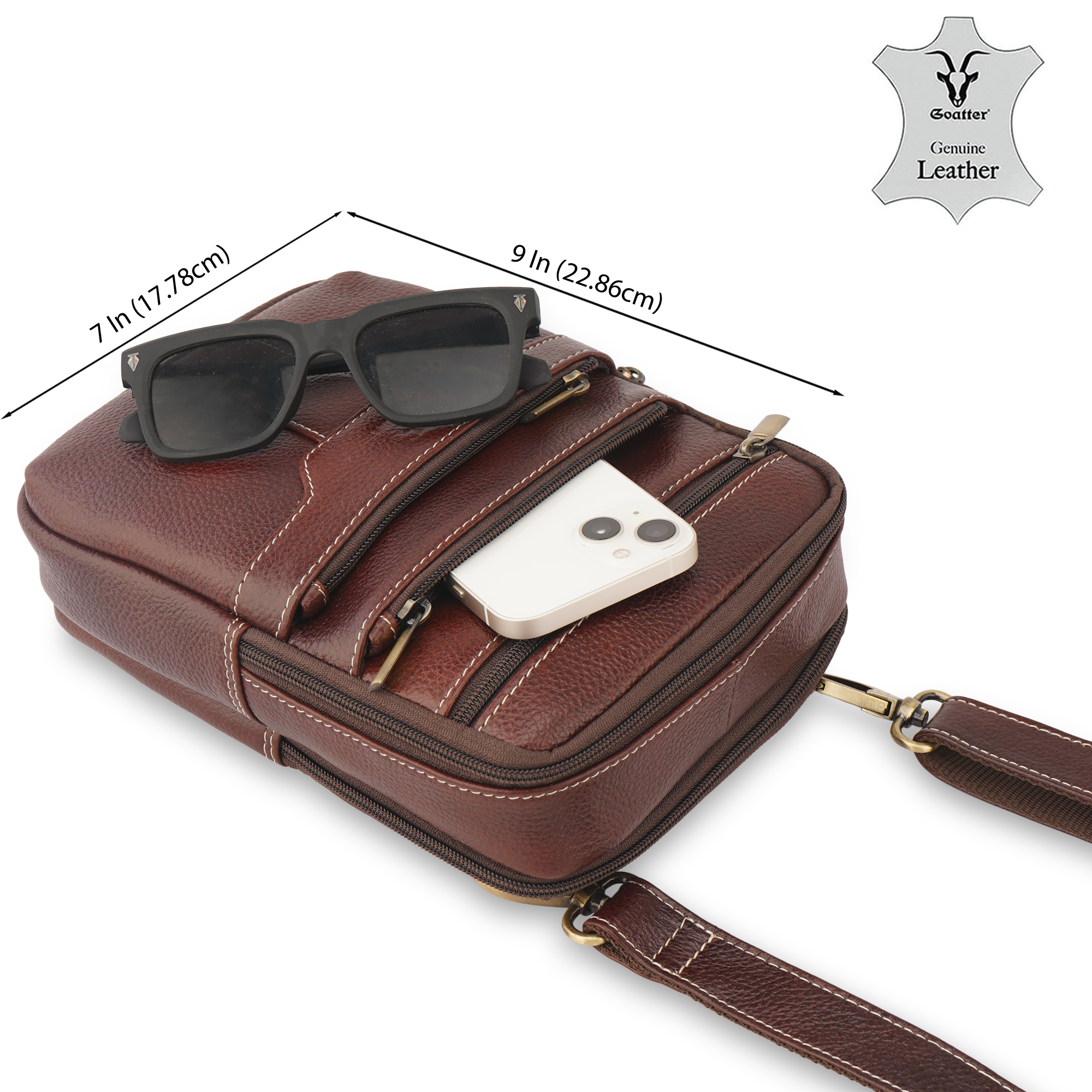 Goatter Genuine Leather Multi Compartments And Multi Pockets Travel Sling Bag For Unisex