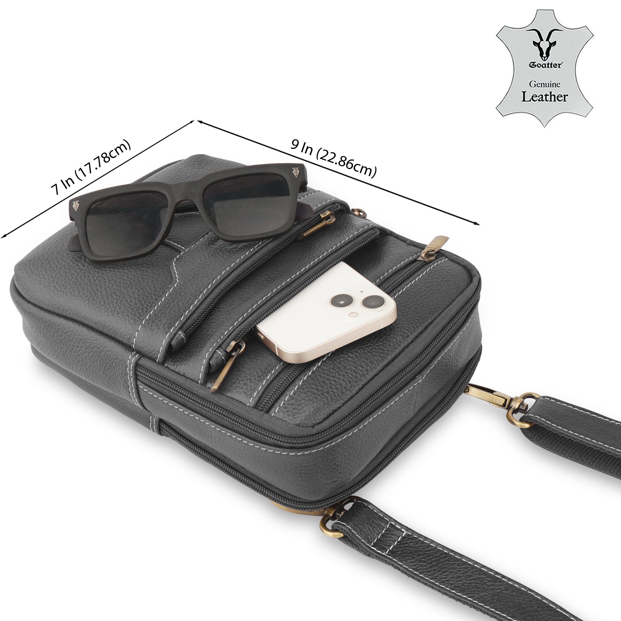 Goatter Genuine Leather Multi Compartments And Multi Pockets Travel Sling Bag For Unisex