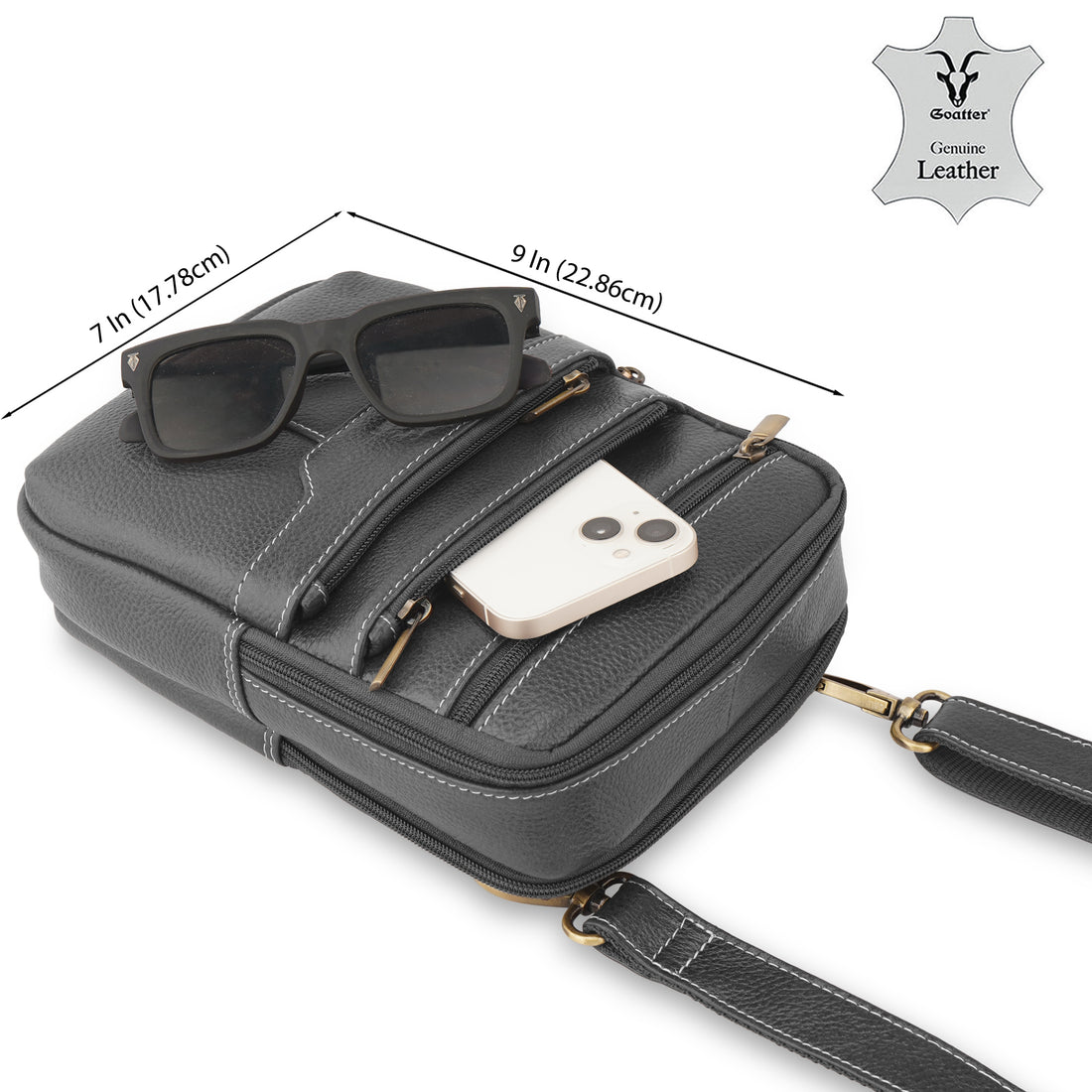 Goatter Genuine Leather Multi Compartments And Multi Pockets Travel Sling Bag For Unisex