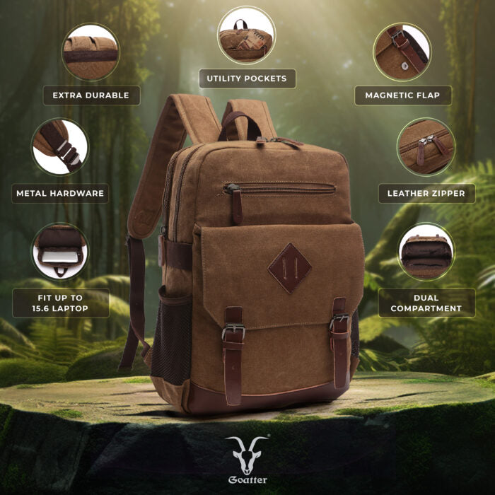 Goatter Canvas And Leather Material Multi Pocket Travel Laptop Backpack For Men For Travel, Hiking, Work - Goatter