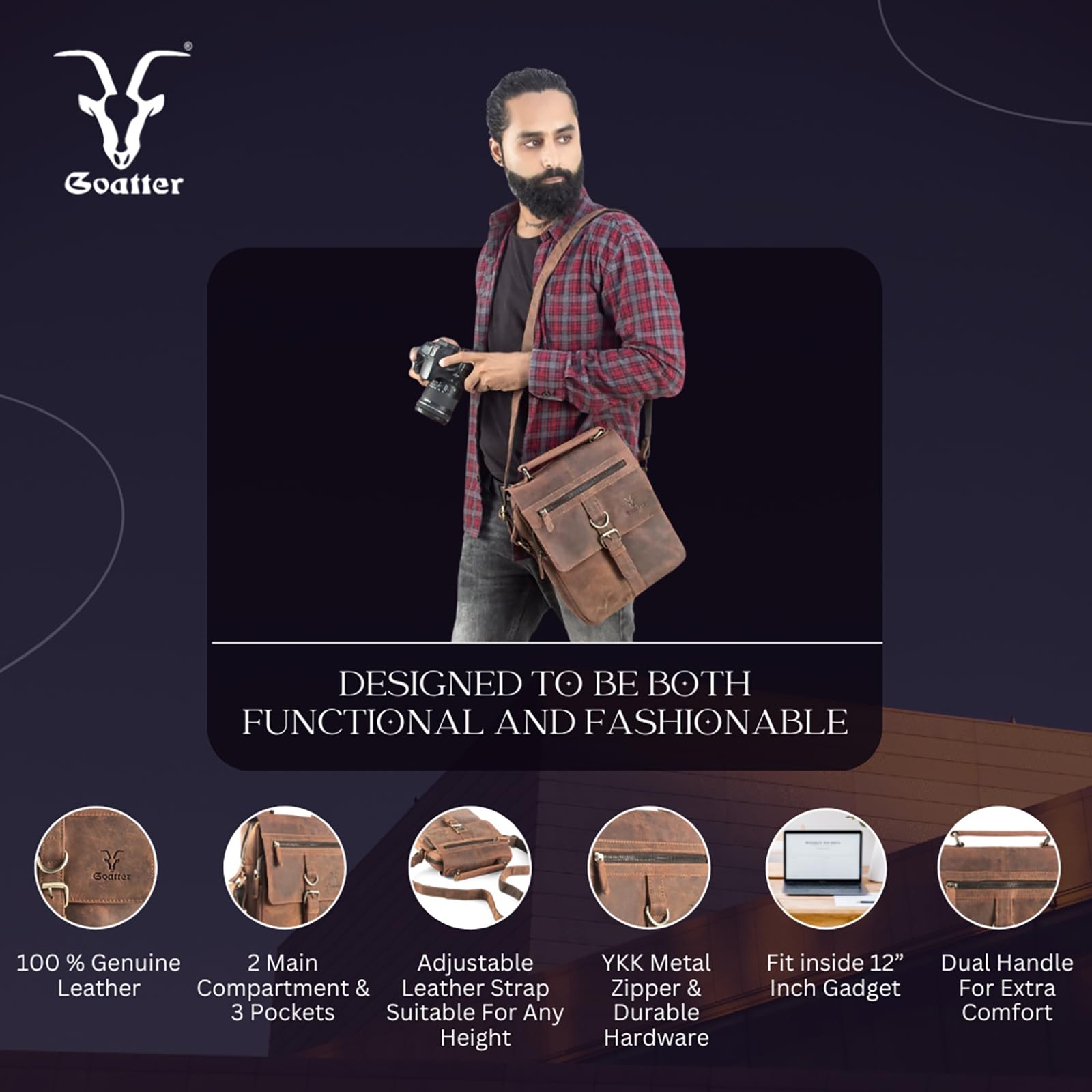 Goatter Men's Hunter Leather 11 Inch Messenger Bag