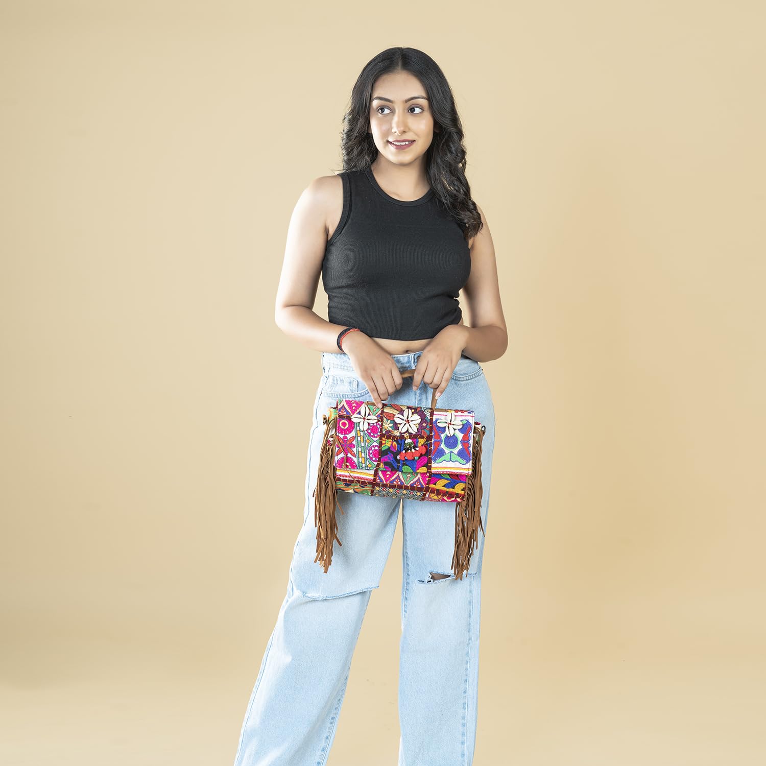 Goatter Handtooled Assorted Design Multi color Banjara Sling And Cross Body Bag For Girls And Women