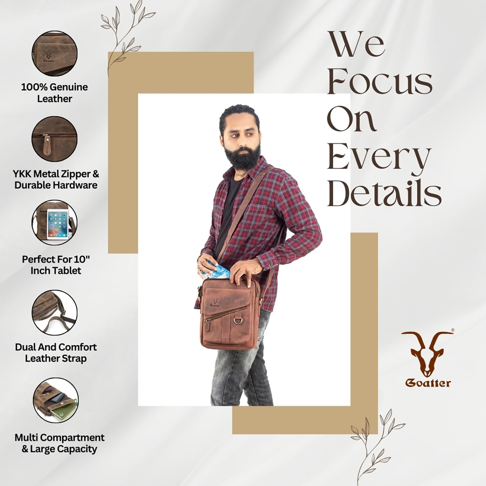 Goatter Mens Hunter Leather 11" Inch Messenger Bag