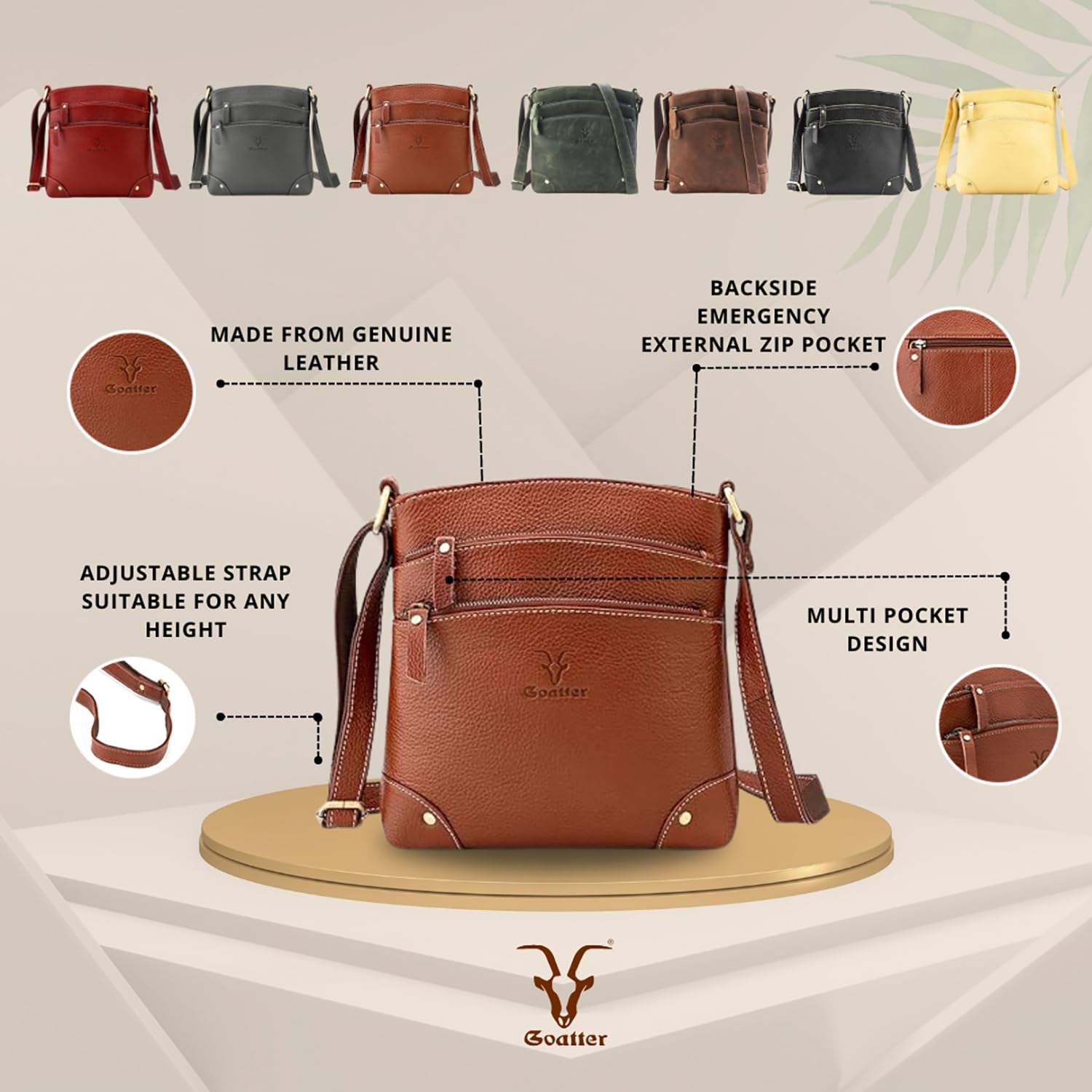 Goatter Hunter Leather 9.5″ Inch Sling Cross-BodyBag for Girls And Women