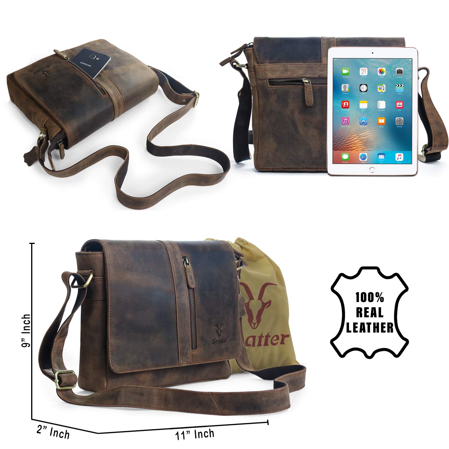 Goatter Men's Hunter Leather 11"Inch Sling Messenger Bag