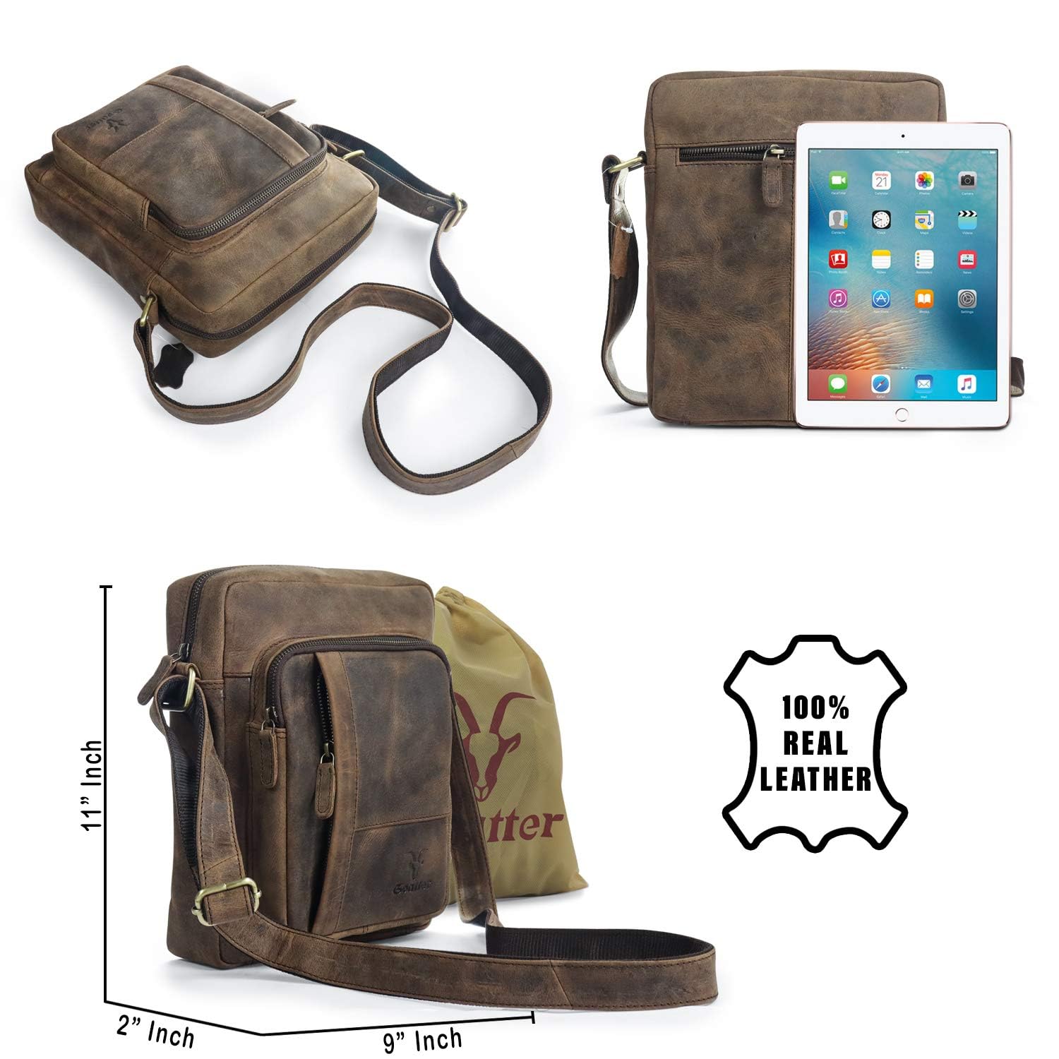 Goatter Men's Hunter Leather Multi Pockets 11″ Messenger Bag