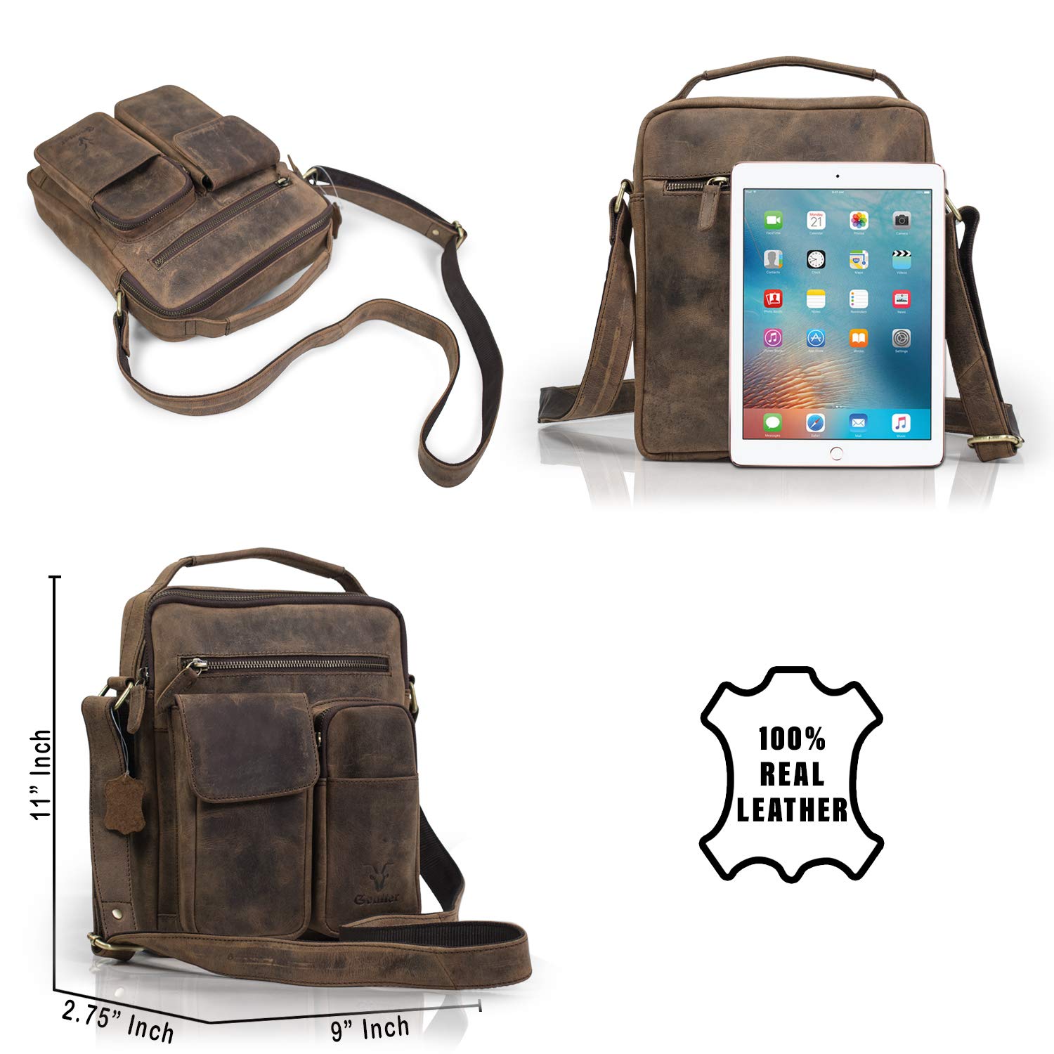 Goatter Hunter Leather Men's Multi Pocket 11" Inch Messenger Bag