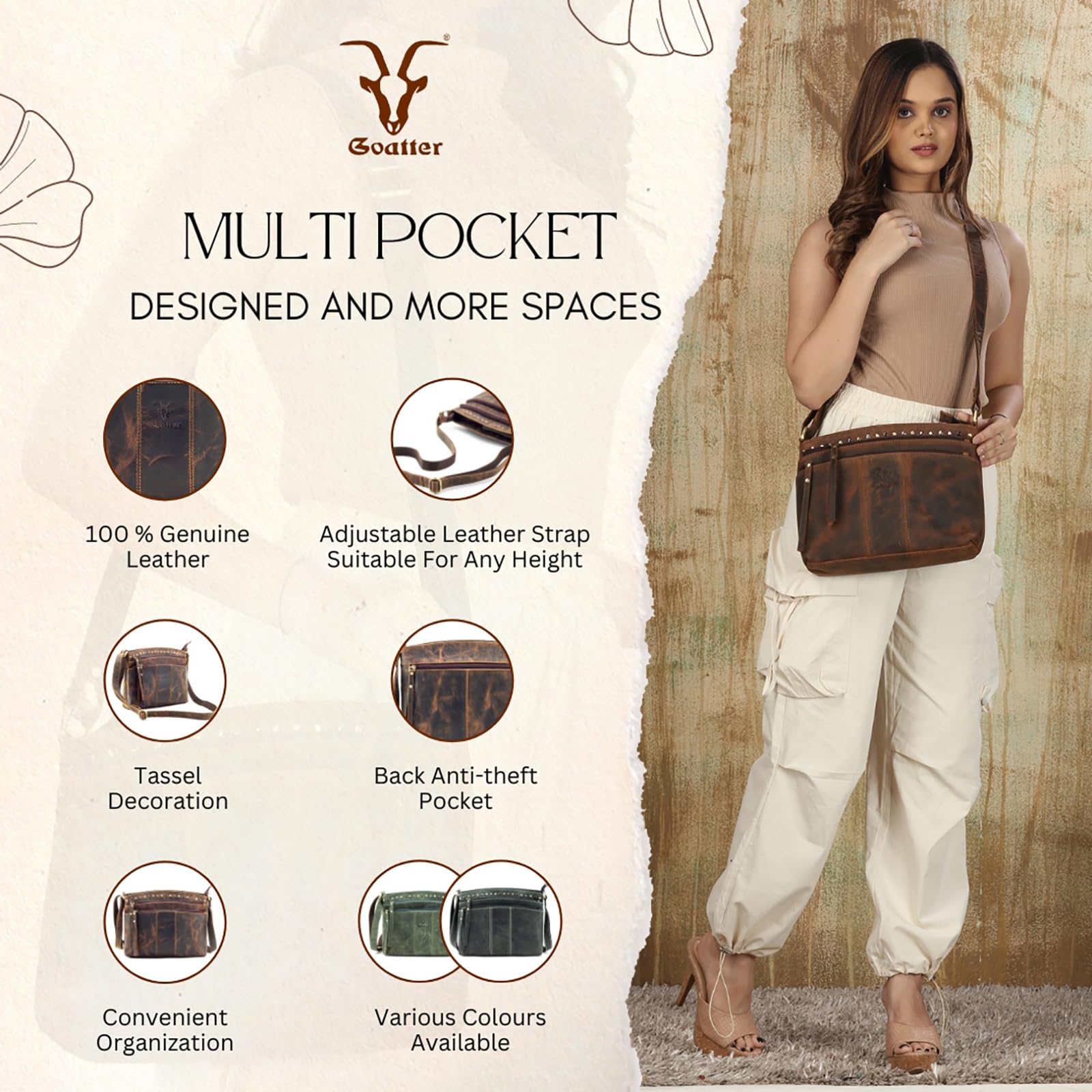 Goatter Hunter Leather Crossbody Bag for Women