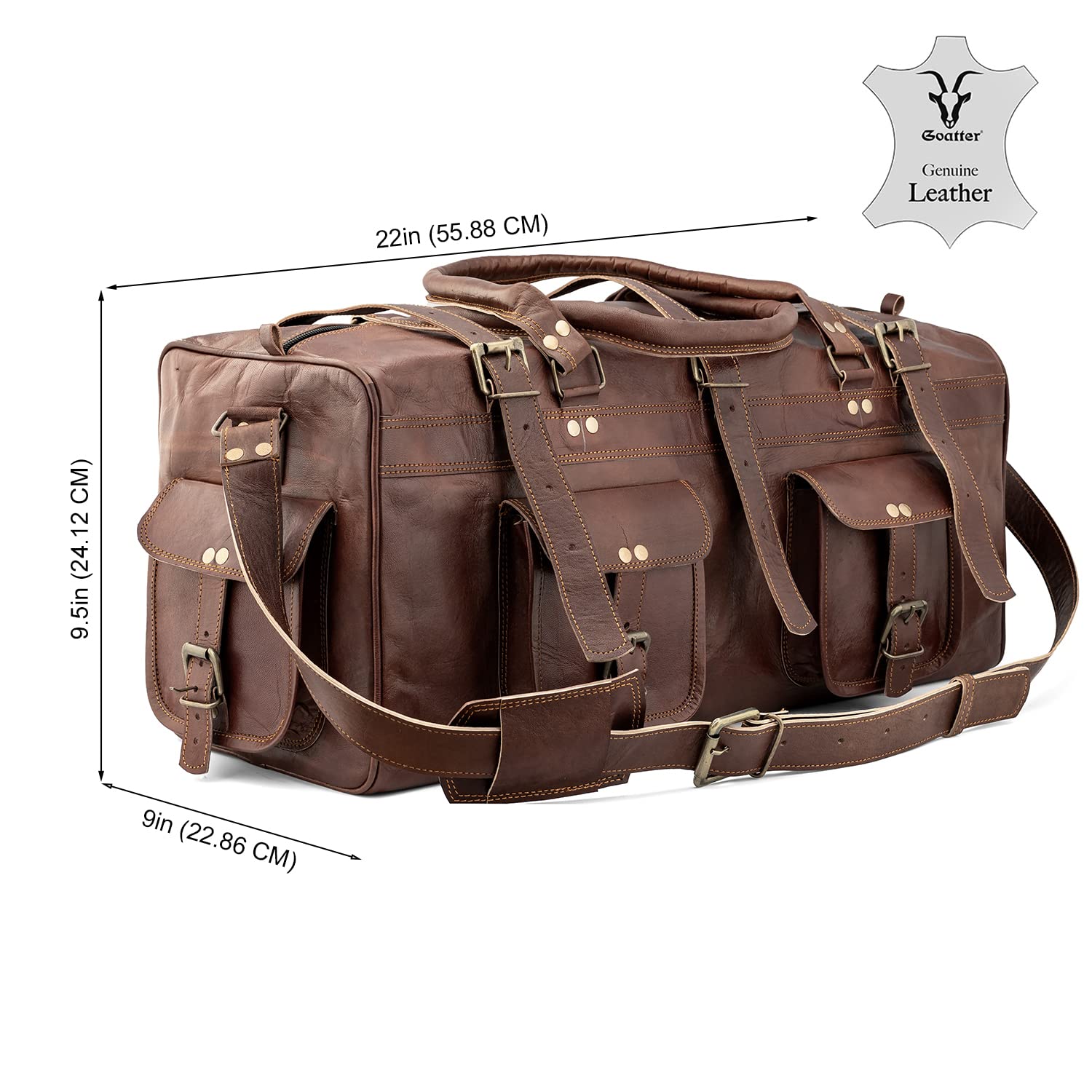 Goatter Genuine Leather Multi Pockets Travel Overnight 22″ Duffle Bag for Men Large Size