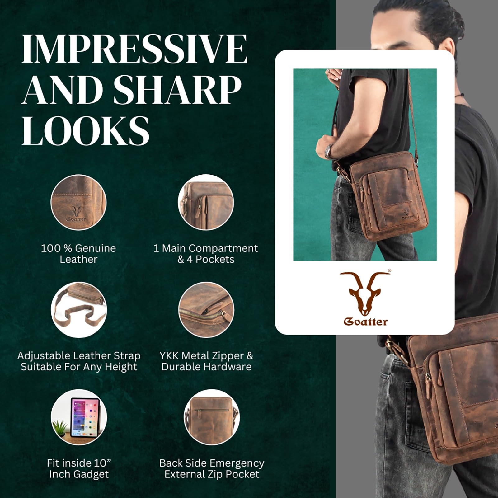 Goatter Men's Hunter Leather Multi Pockets 11″ Messenger Bag