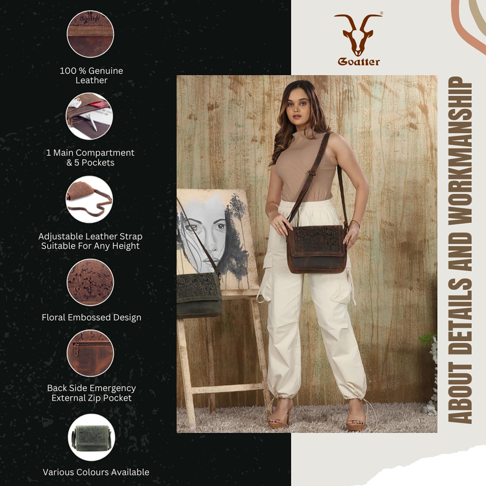 Goatter Hunter Leather Floral Sling Bag for Girls and Women