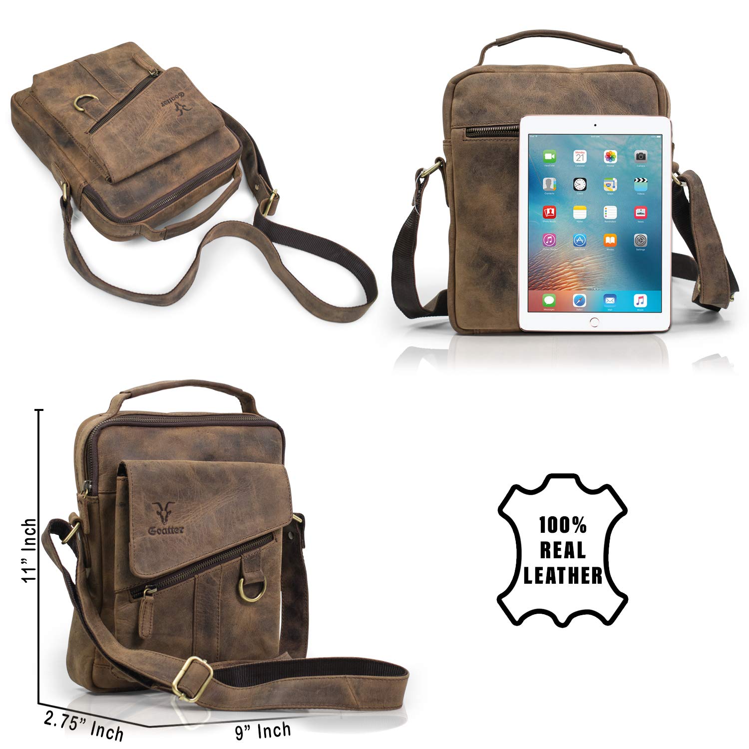 Goatter Mens Hunter Leather 11" Inch Messenger Bag