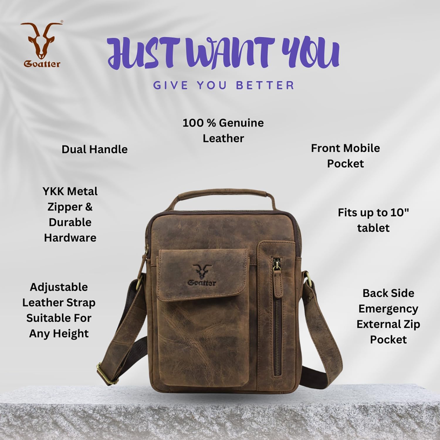 Goatter Hunter Leather 11”Inch Messenger Sling Bag For Men