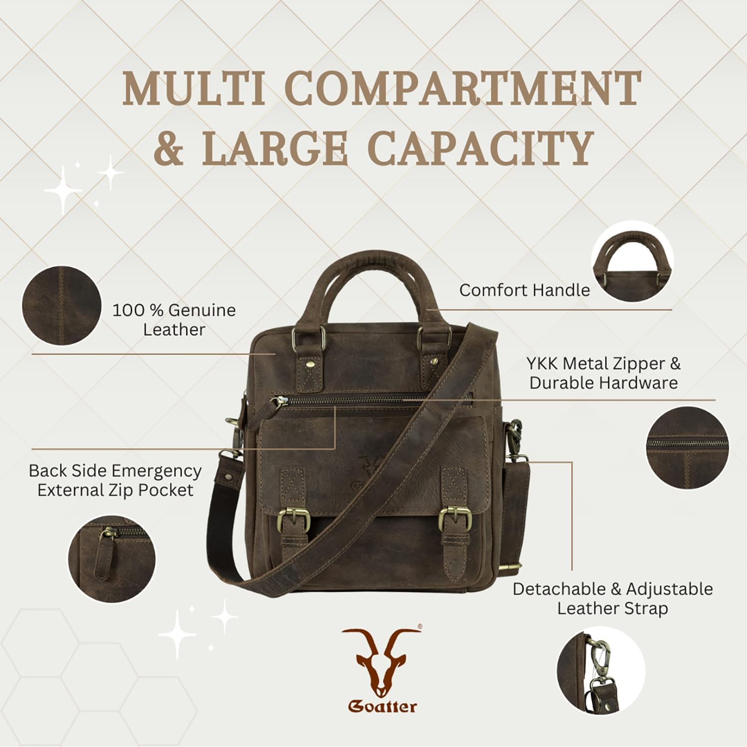 Goatter Men’s Hunter Leather Multi Pocket Messenger Sling Bag