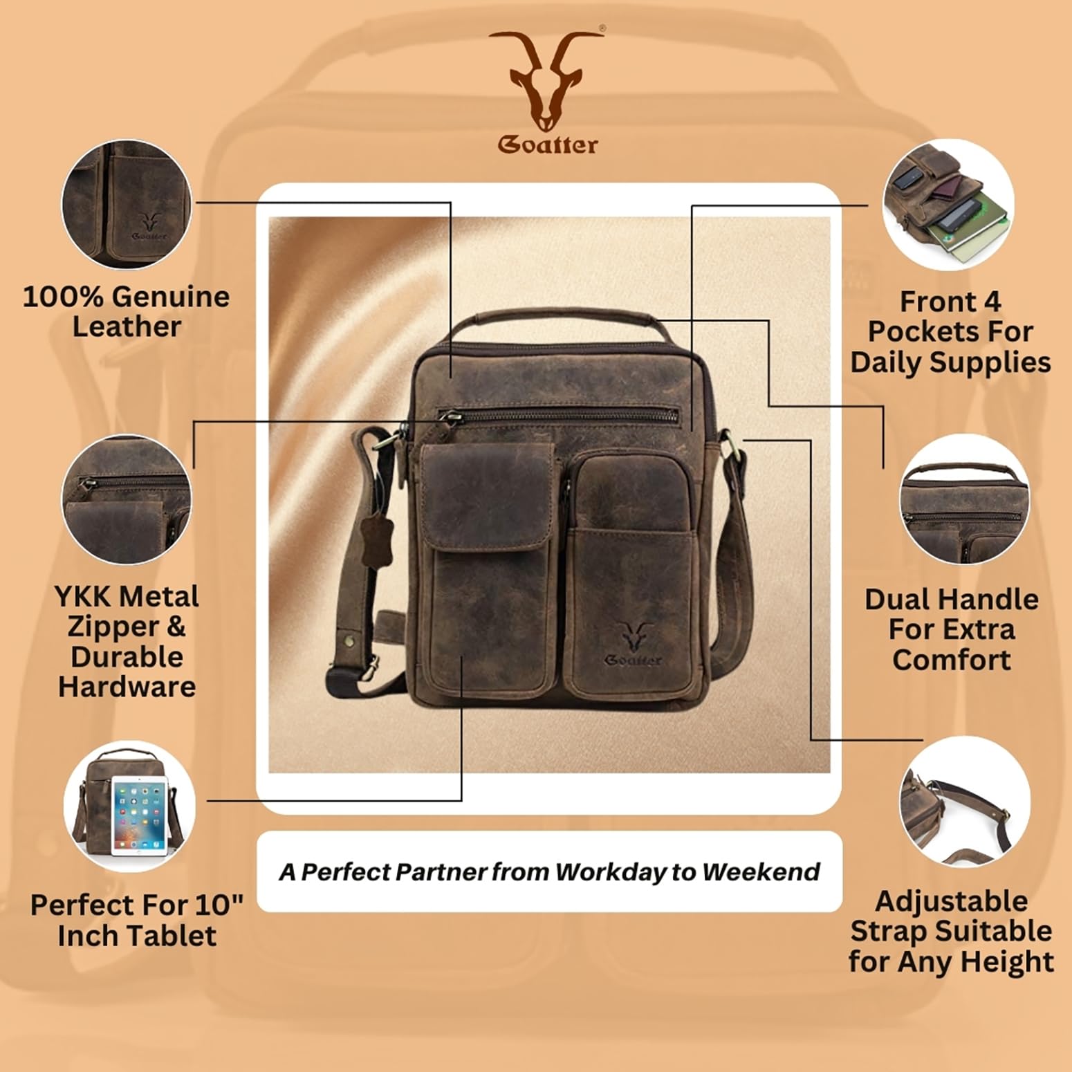 Goatter Hunter Leather Men's Multi Pocket 11" Inch Messenger Bag