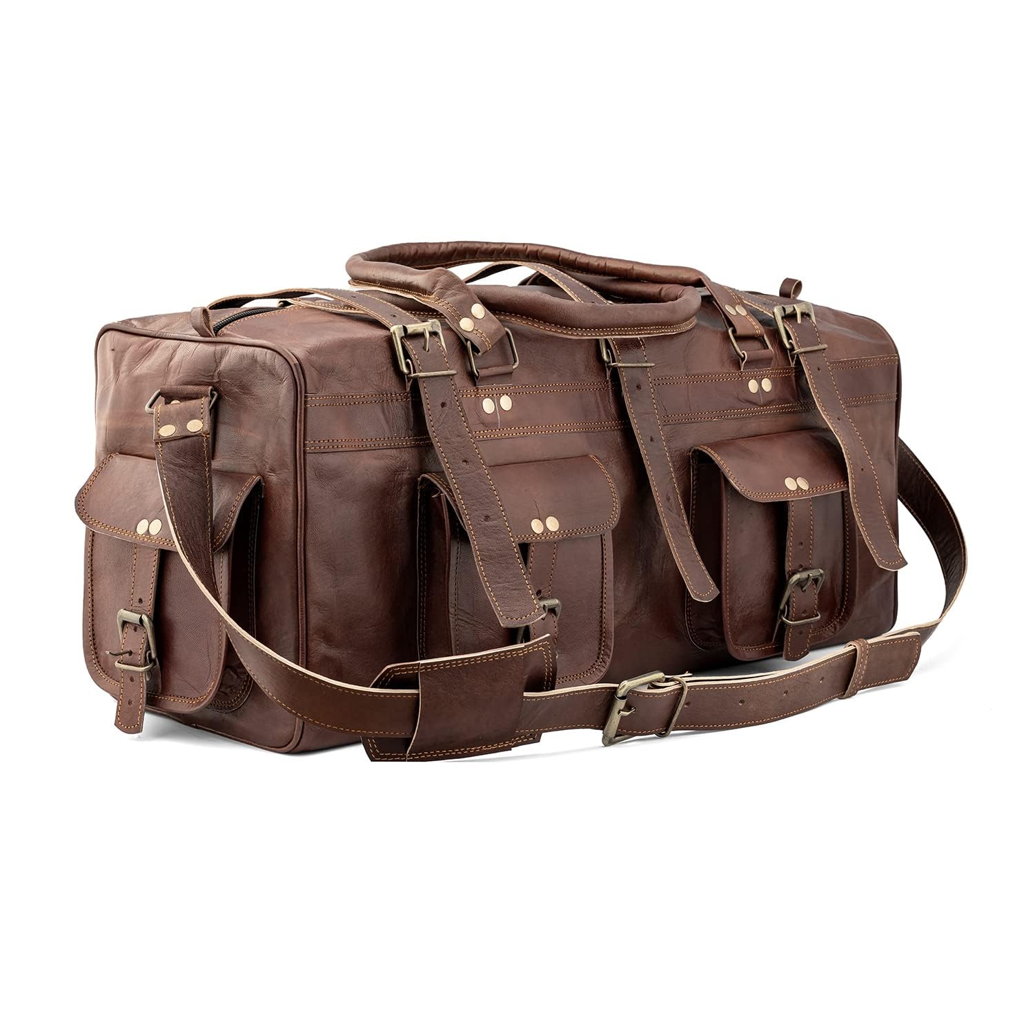 Goatter Genuine Leather Multi Pockets Travel Overnight 22″ Duffle Bag for Men Large Size