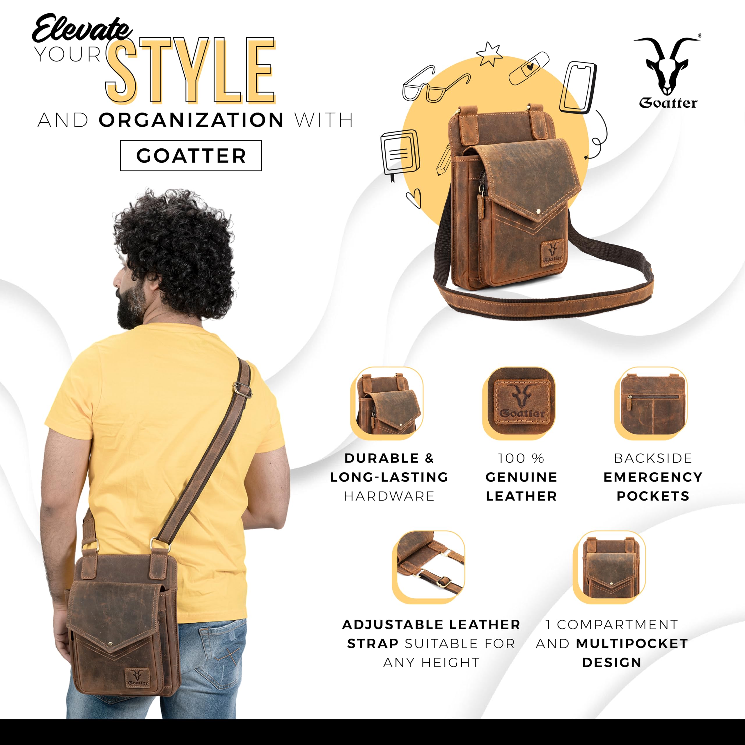 Goatter Genuine Leather Multi Pocket 11″ Inch Messenger Sling Bag For Men,