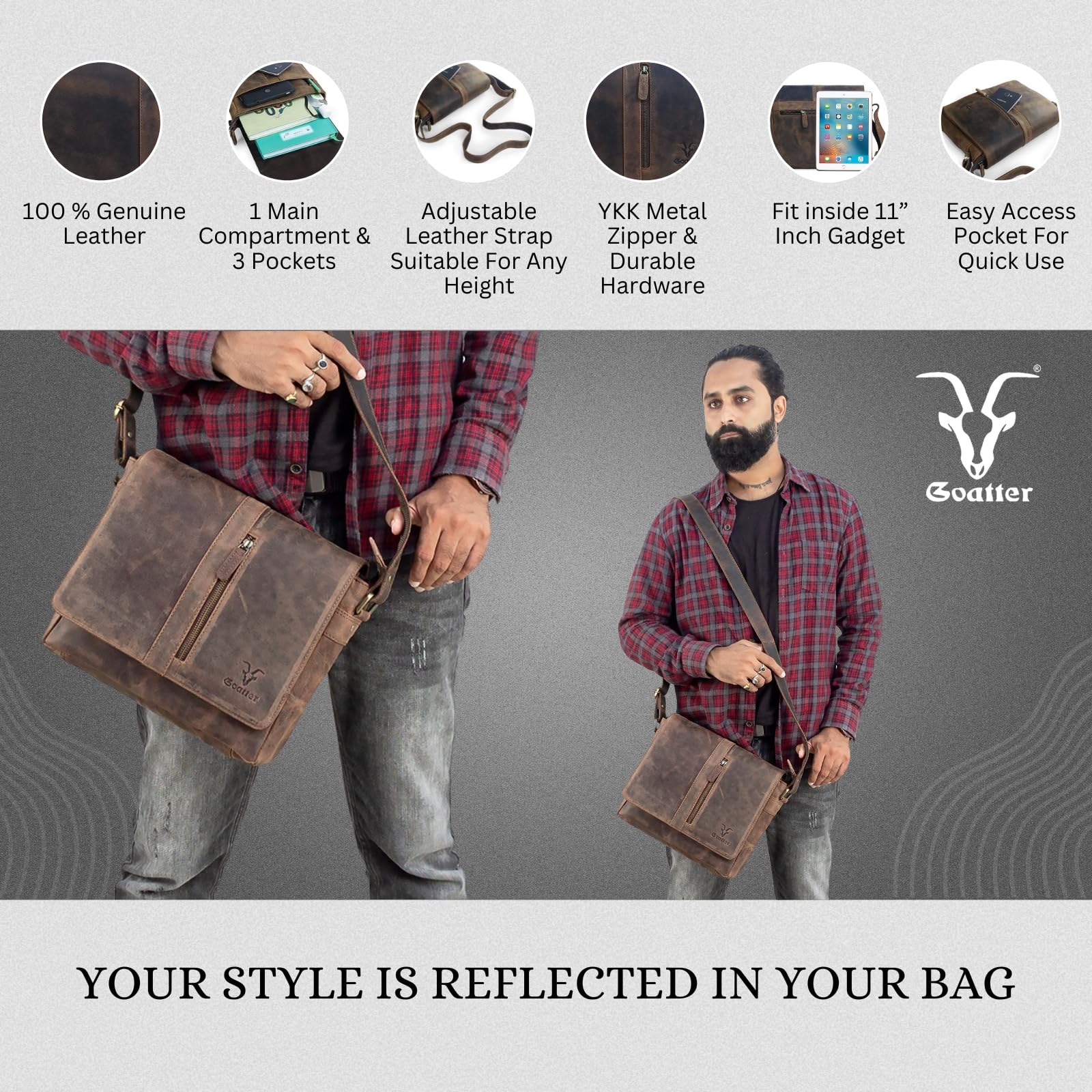 Goatter Men's Hunter Leather 11"Inch Sling Messenger Bag