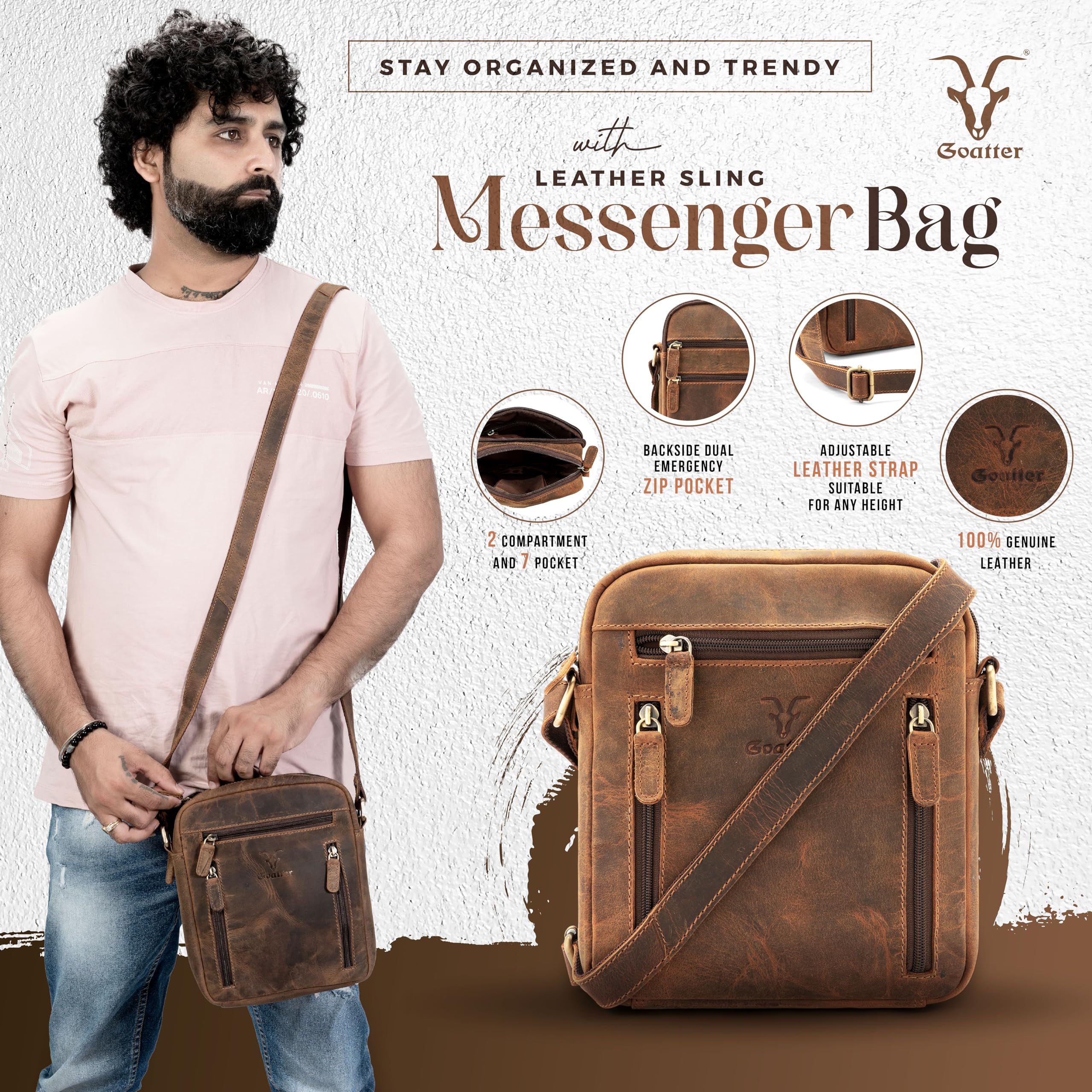 Goatter Genuine Leather Multi Pocket 9" Inch Messenger Sling Bag For Men