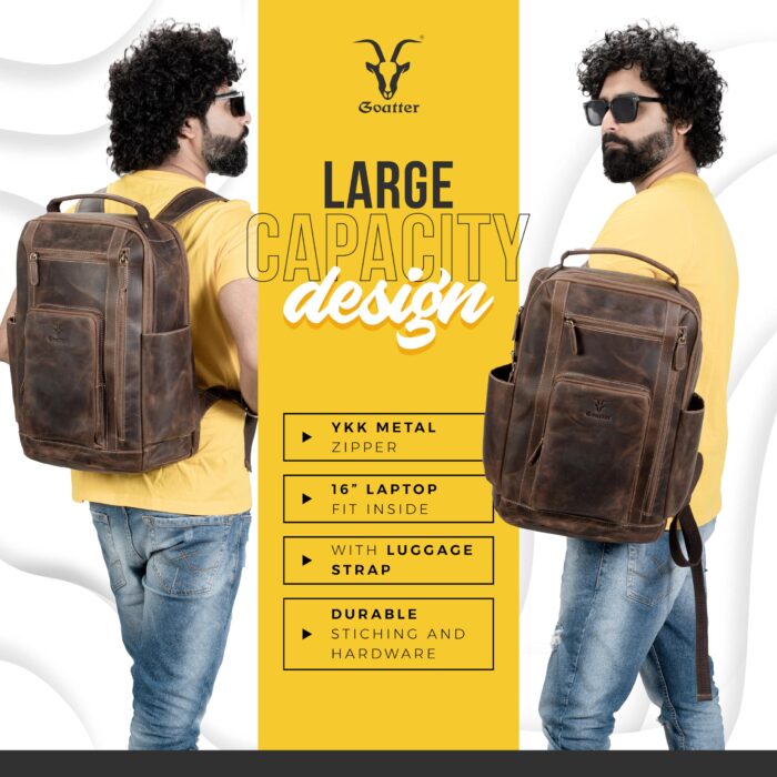 Goatter Men's Hunter Leather Backpack for 16" Laptop Travel Hiking Camping Rucksack - Goatter