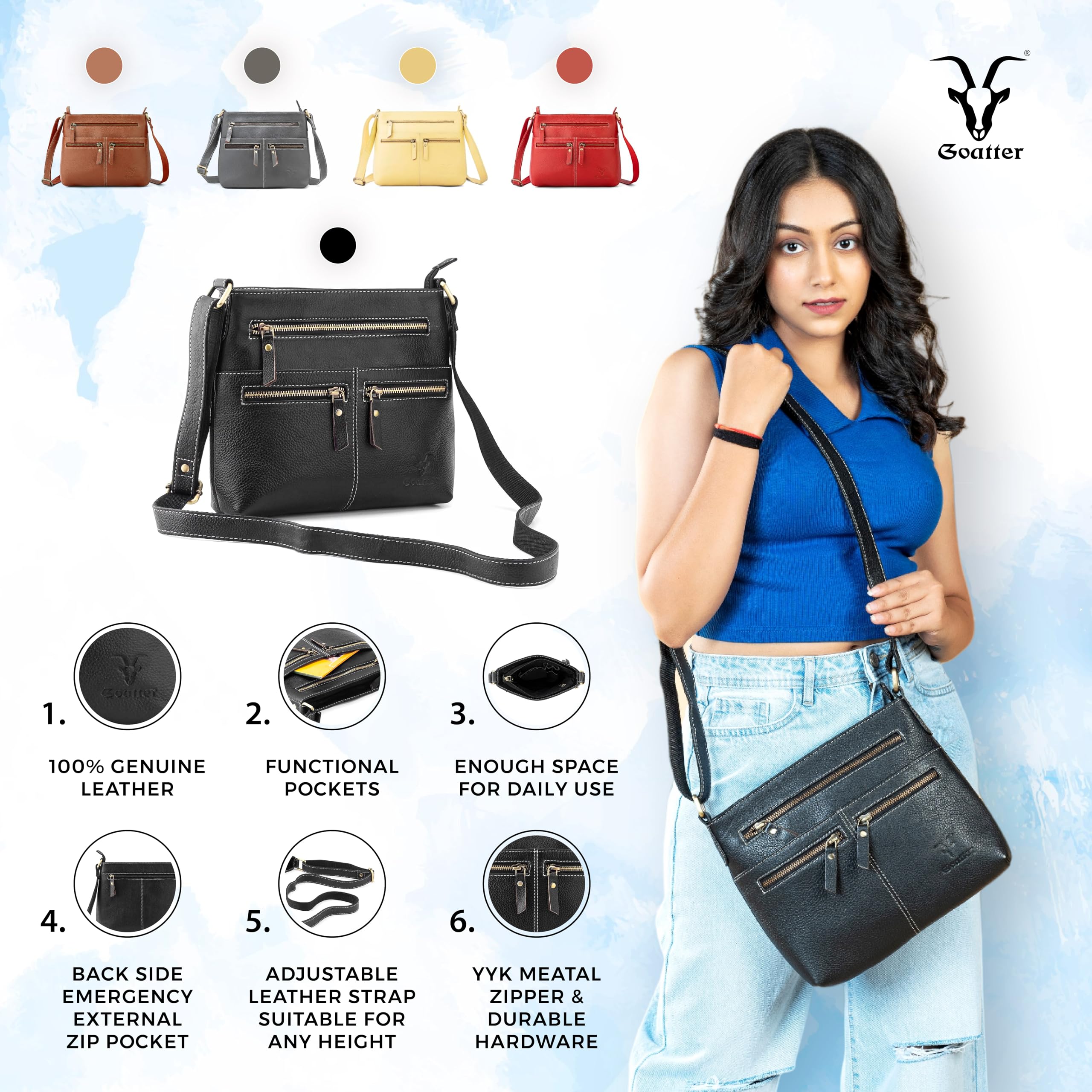 Goatter Genuine Soft Leather Daily Docket 10" Inch Sling Cross-Body Bag for Girls And Women,