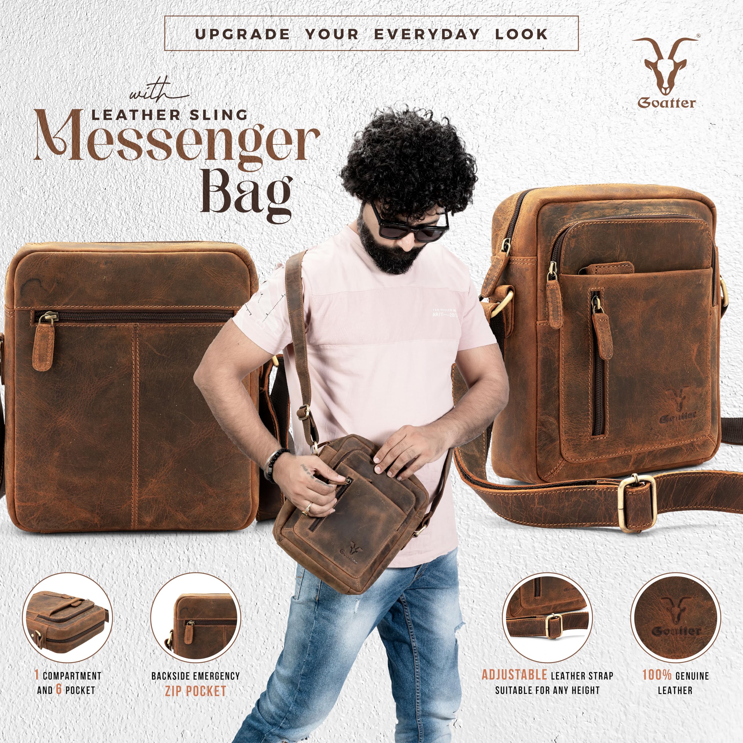 Goatter Genuine Leather Multi Pocket 9" Inch Messenger Sling Bag For Unisex