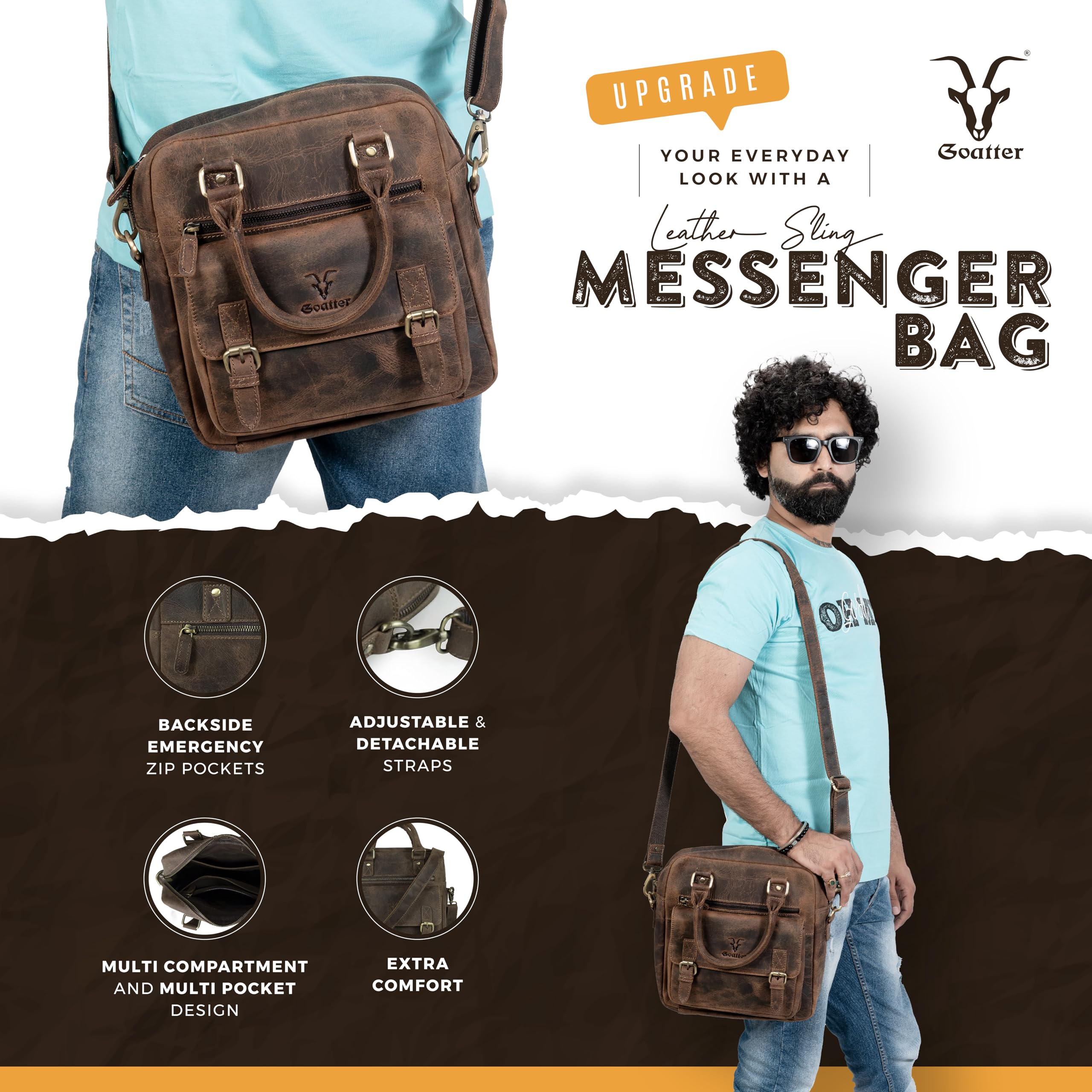 Goatter Men’s Hunter Leather Multi Pocket Messenger Sling Bag