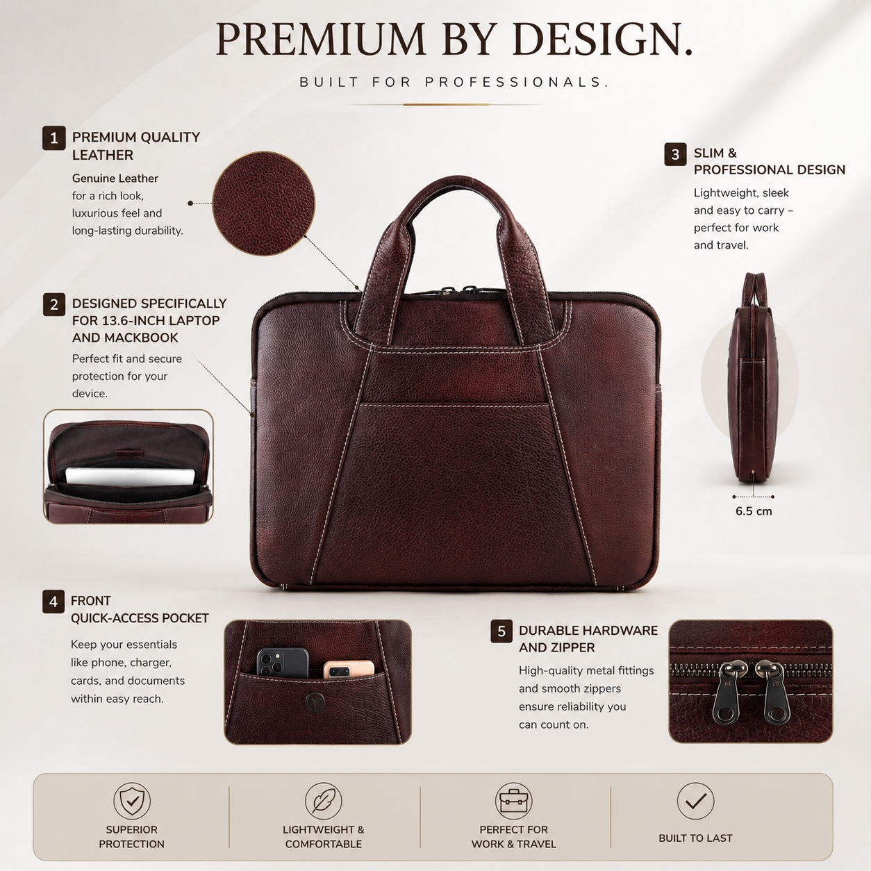 Goatter Genuine Leather 13" Inch Mackbook/Laptop Sleeve Bag /Office Bag For Men