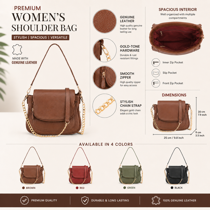 Goatter Women's Genuine Leather Sling Bag | Crossbody Purse with Chain Strap
