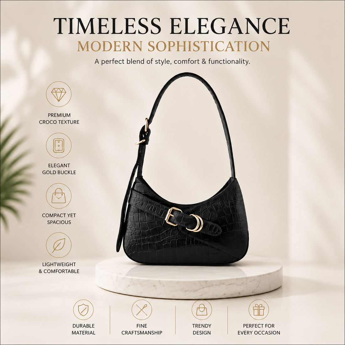 Goatter Genuine Leather  Croco Texture Handbag for Women | Elegant Shoulder Purse with Adjustable Handle
