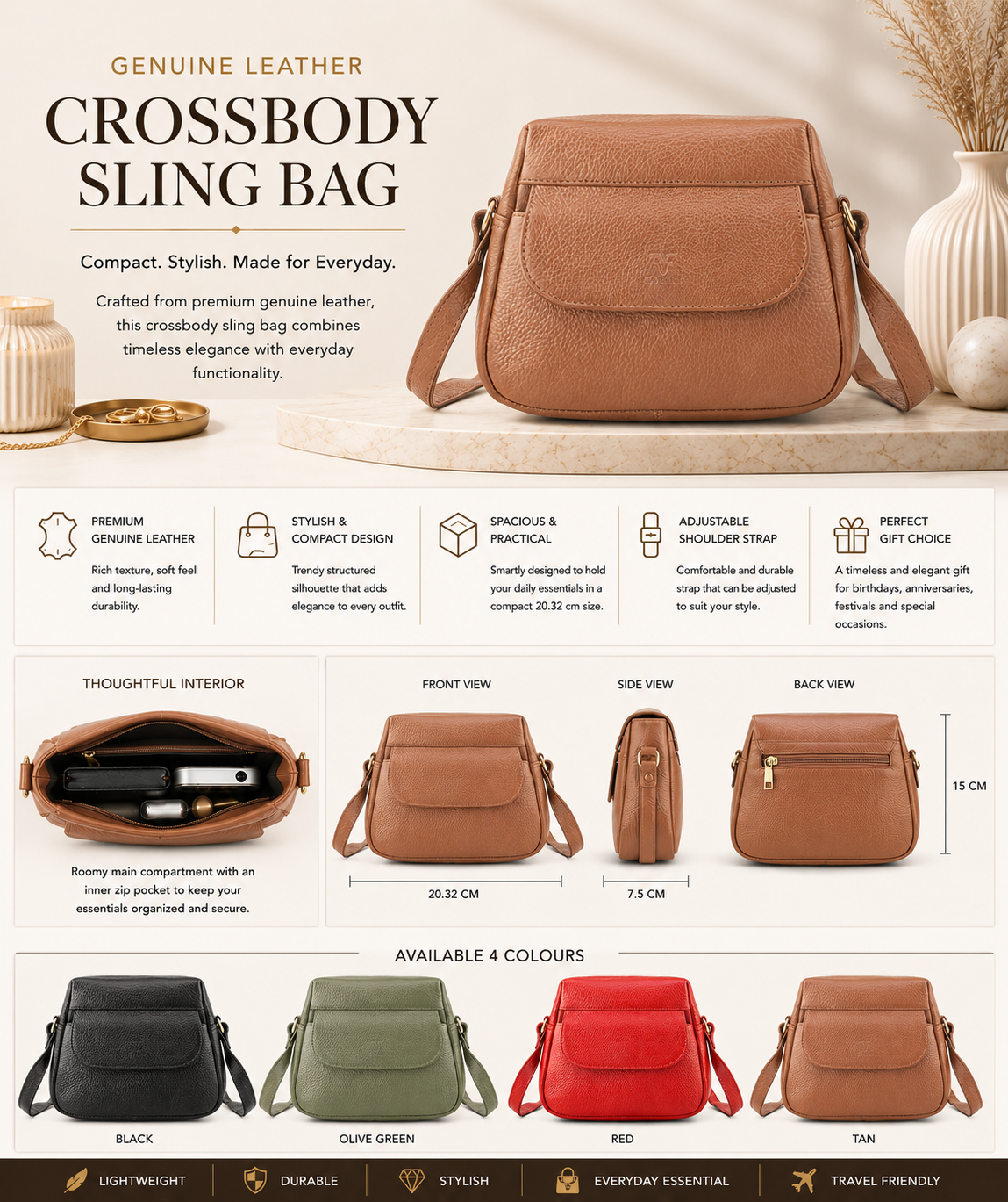 Goatter Genuine Leather Structured Crescent Sling Bag for Women | Premium Half-Moon Crossbody Bag | Compact Everyday Shoulder Purse