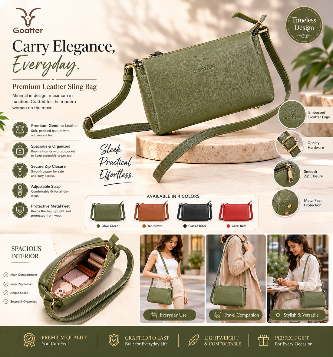 Goatter Genuine Leather Slim Rectangular Sling Bag for Women | Elegant Crossbody Purse | Multi Compartment Bag