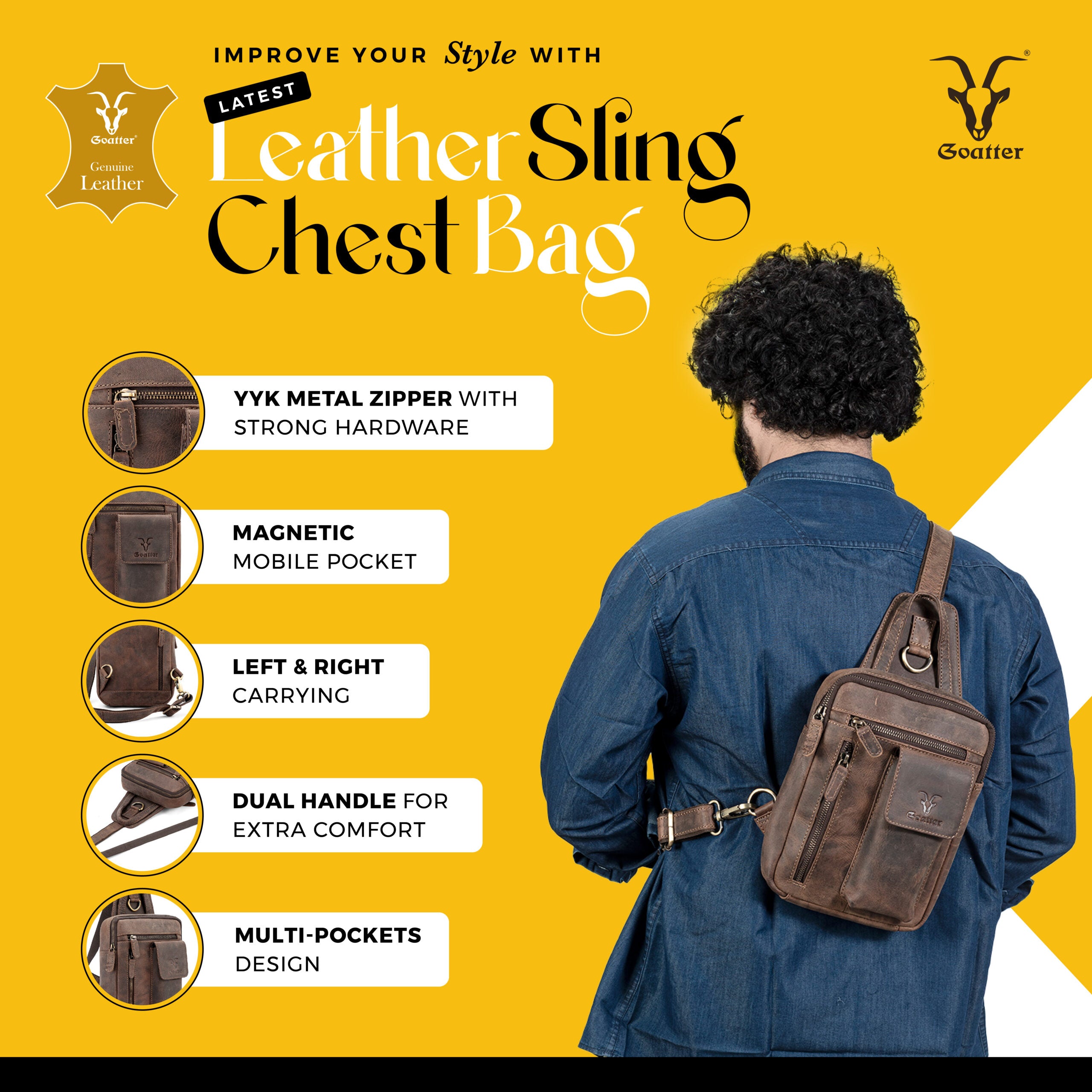 Goatter Genuine Leather Chest Crossbody Sling Backpack Bag Travel Bike Gym Day pack for Men