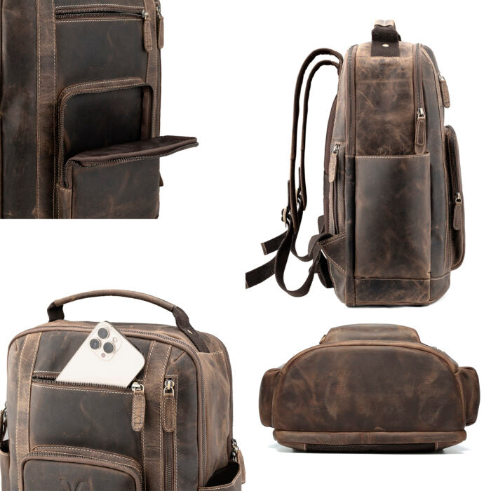 Goatter Men's Hunter Leather Backpack for 16" Laptop Travel Hiking Camping Rucksack - Goatter