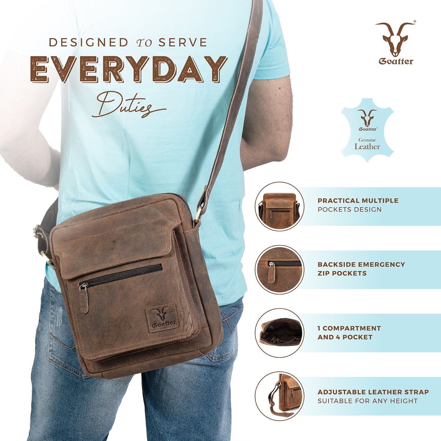 Goatter Genuine Leather Multi Pocket 10" Inch Messenger Sling Bag For Men