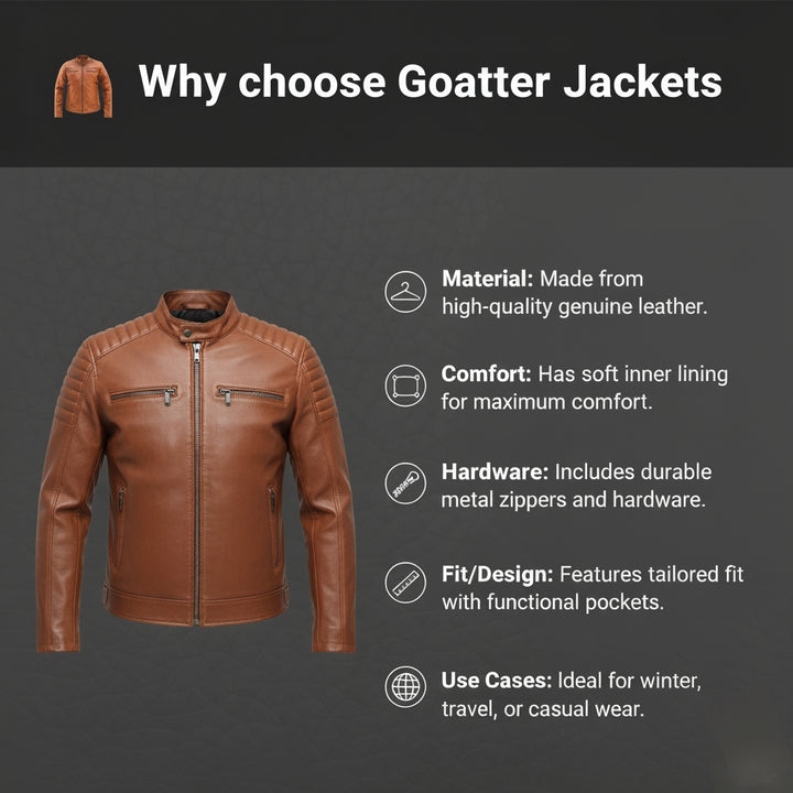 Goatter Men’s Genuine Leather Biker Jacket -Winter Jacket Slim Fit, Classic Moto Style with Zipper Pockets