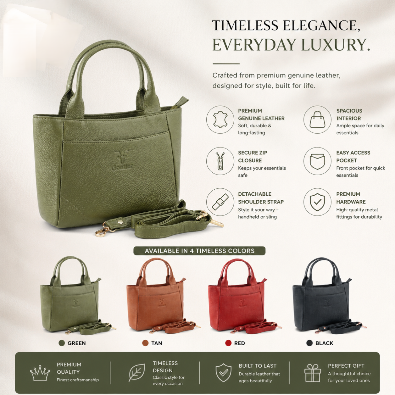 Goatter Women’s Genuine Leather Tote Handbag with Adjustable Sling Strap