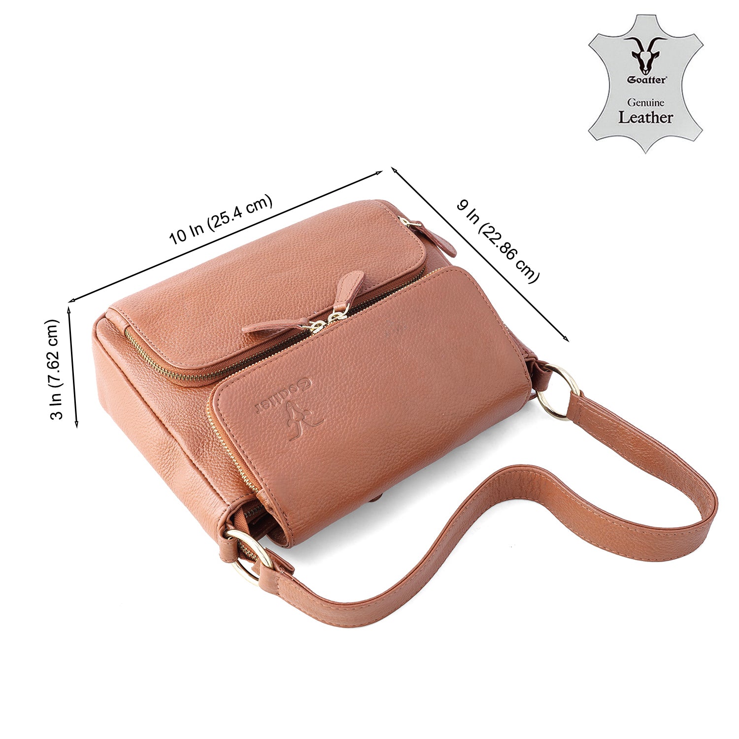 Goatter Genuine Leather Shoulder Bag for Women | Stylish Sling Handbag with Multiple Zip Pockets & | Everyday Office & Travel Purse