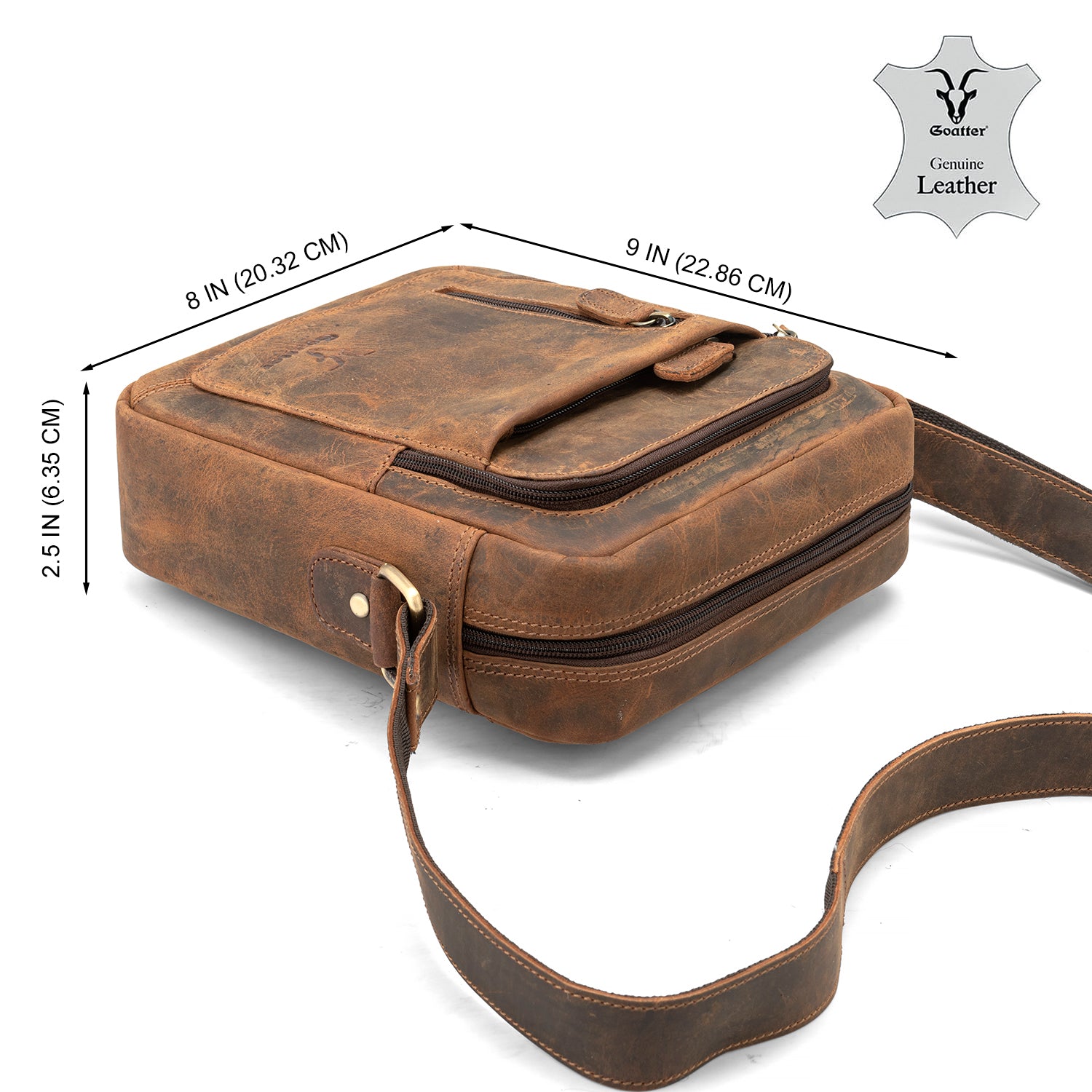 Goatter Genuine Leather Multi Pocket 9" Inch Messenger Sling Bag For Unisex