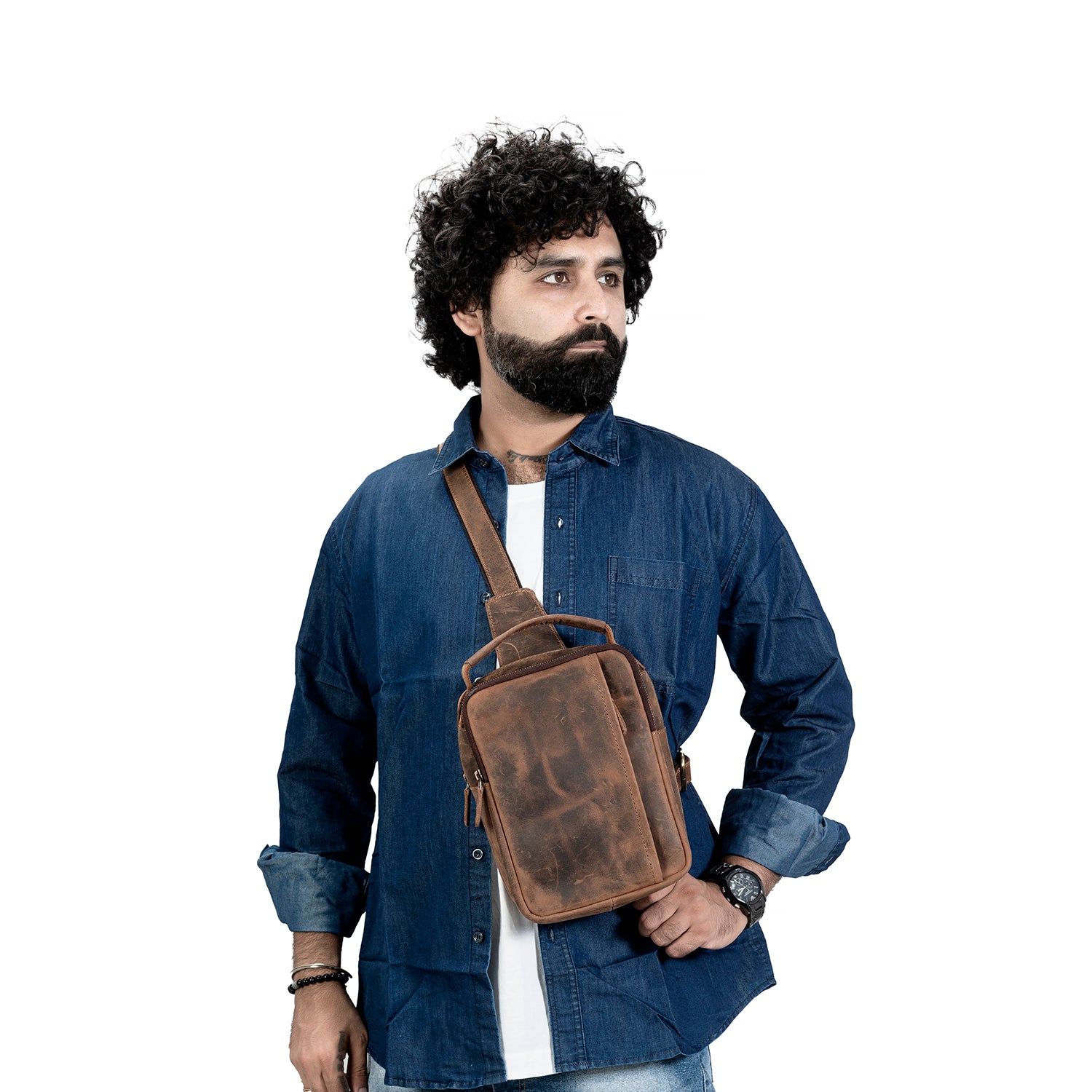 Goatter Genuine Leather Dual Handle Chest Crossbody Sling Bag Travel, Bike Daypack for Men