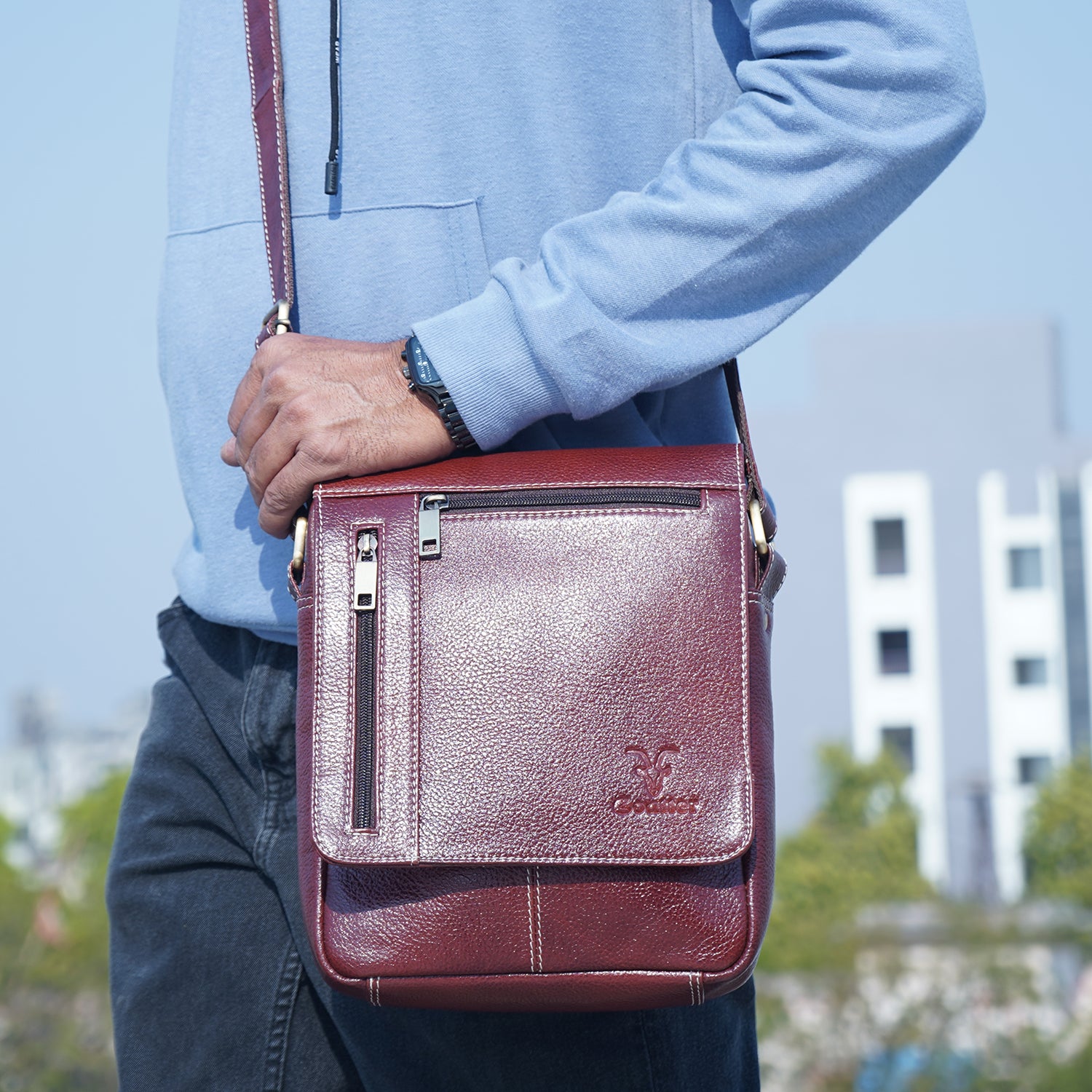 Goatter Genuine Leather Multi Pocket 10" Inch Messenger Sling Bag For Men