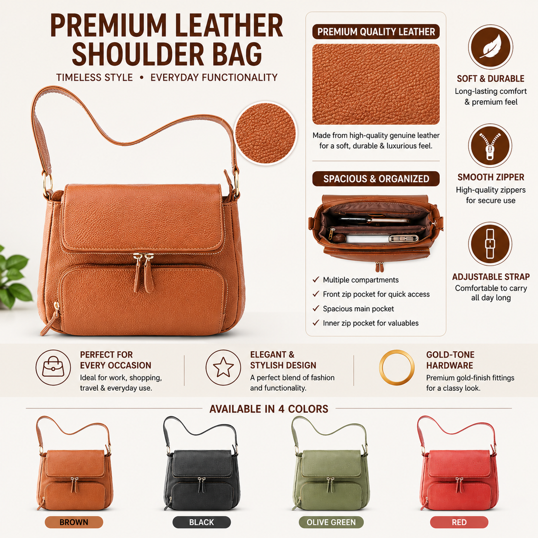 Goatter Genuine Leather Shoulder Bag for Women | Stylish Sling Handbag with Multiple Zip Pockets & | Everyday Office & Travel Purse