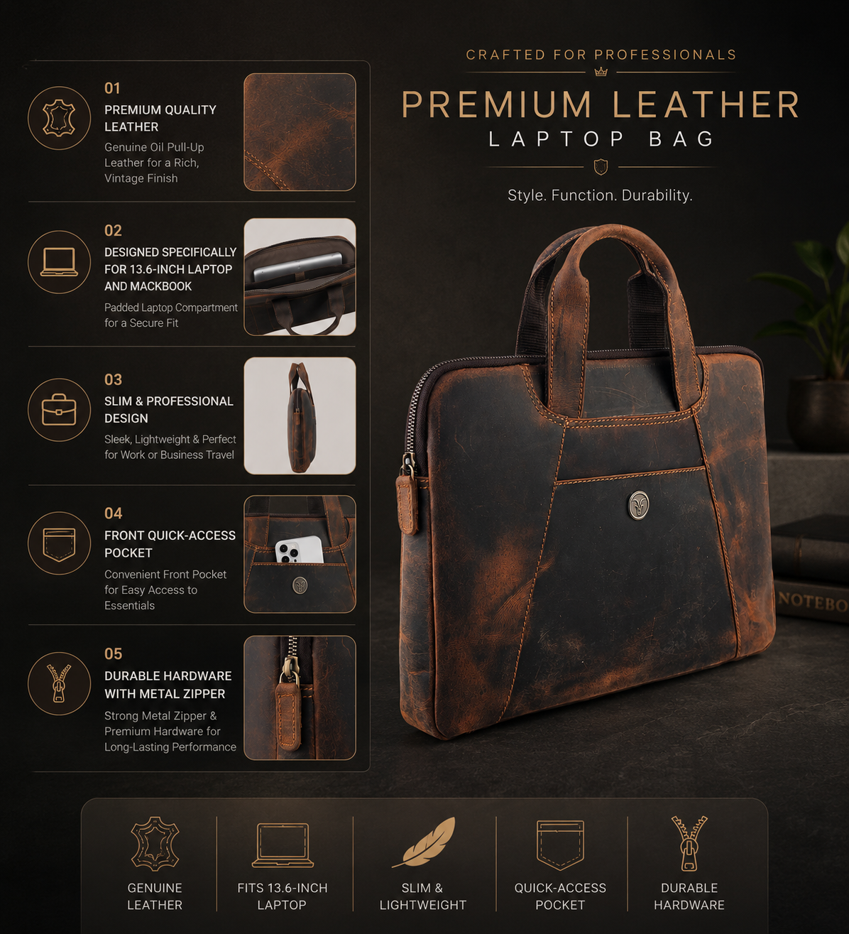 Goatter Hunter Leather 13" Inch Mackbook/Laptop Sleeve Bag /Office Bag For Men