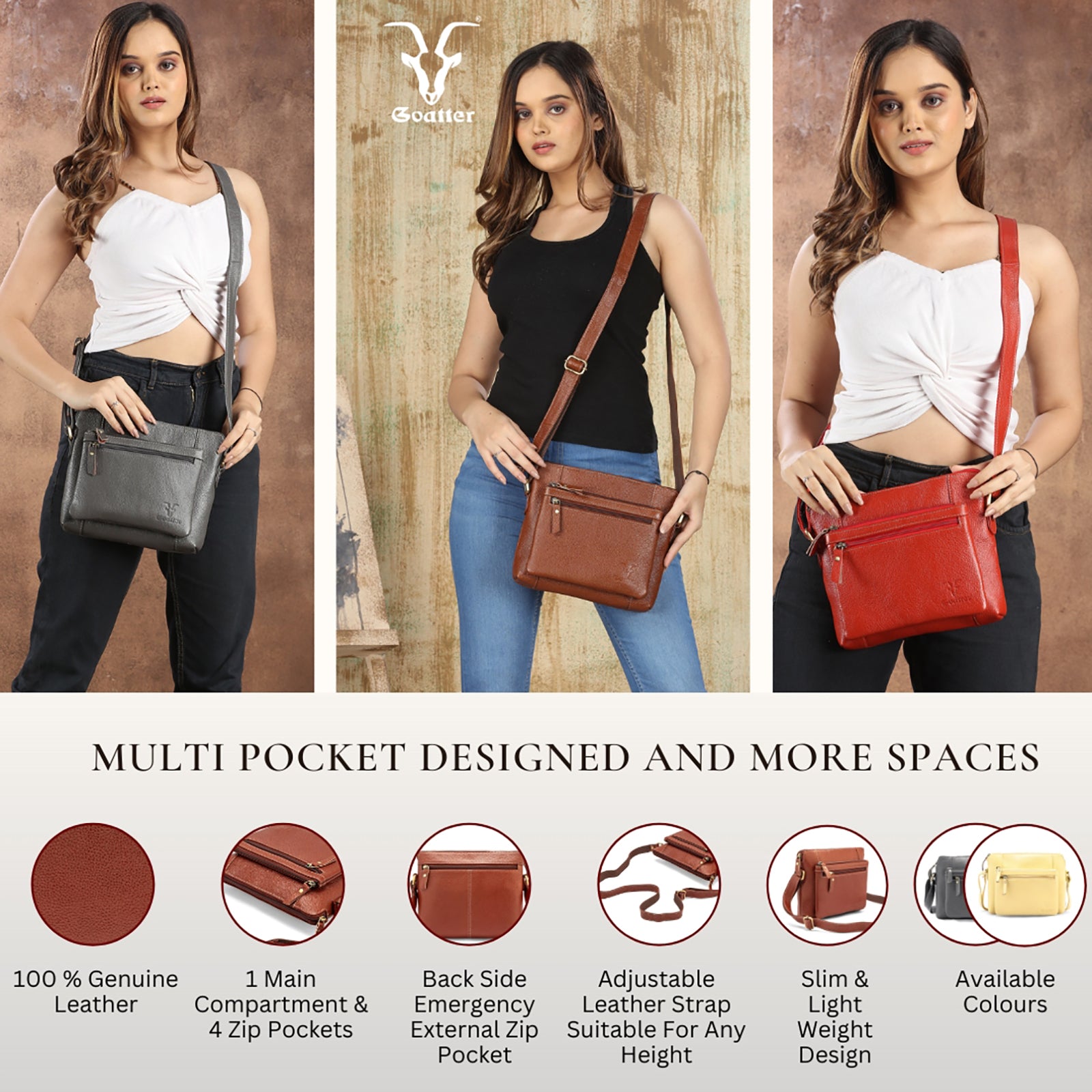 Goatter Genuine Leather 9" Inch Sling Cross-Body Bag For Women's